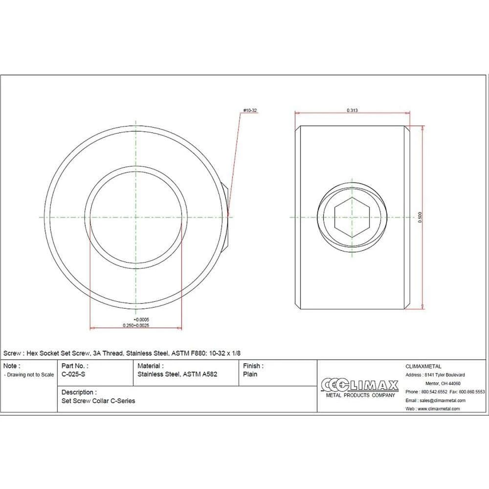 Climax 1/4 in. Bore T303 Stainless Steel Set Screw Collar - Image 2