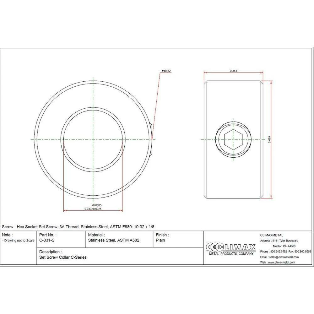 Climax 5/16 in. Bore T303 Stainless Steel Set Screw Collar - Image 2