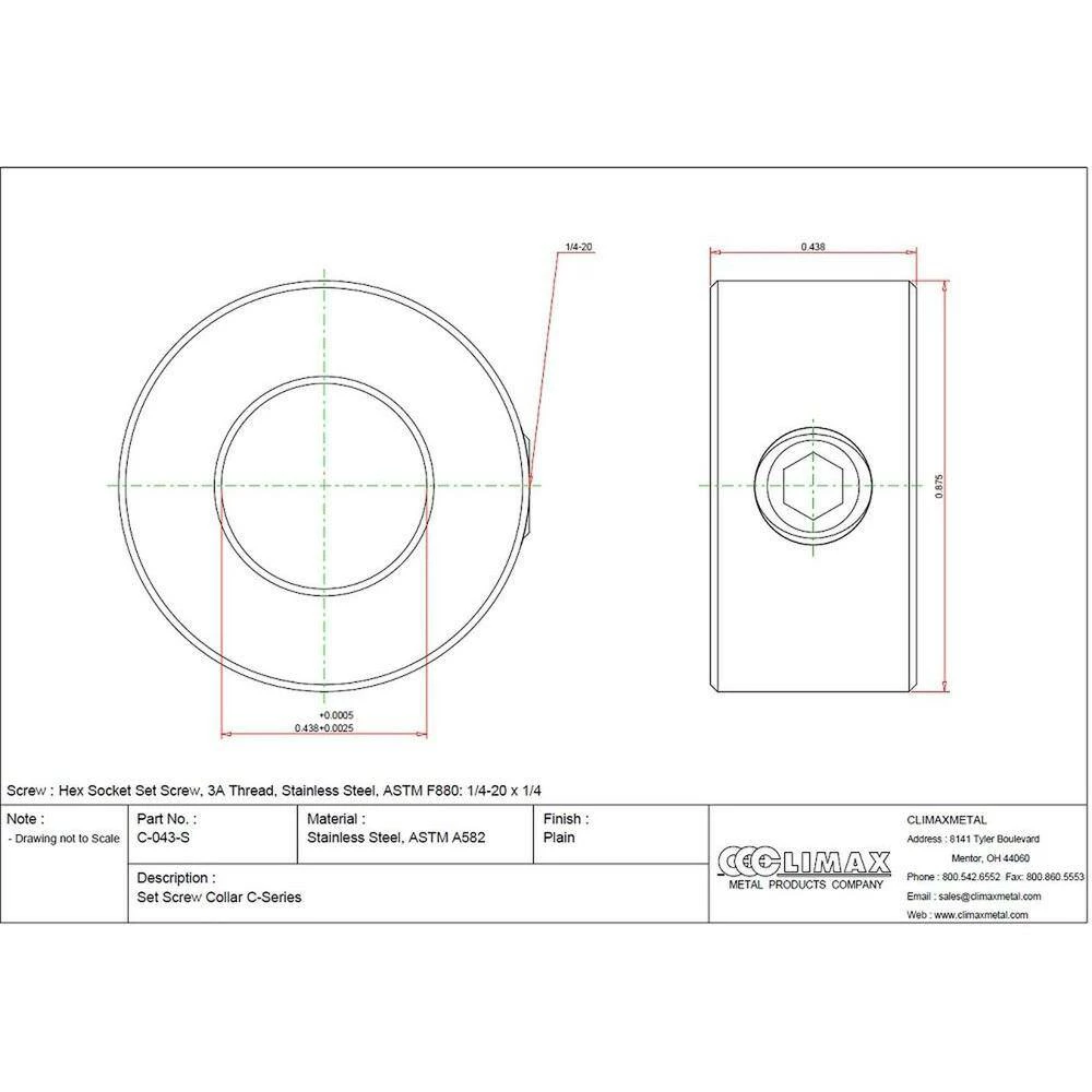 Climax 7/16 in. Bore T303 Stainless Steel Set Screw Collar - Image 2