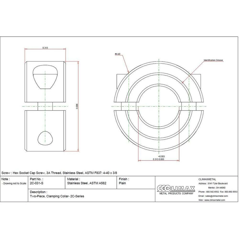 Climax 5/16 in. Bore T303 Stainless Steel Clamp Collar - Image 2