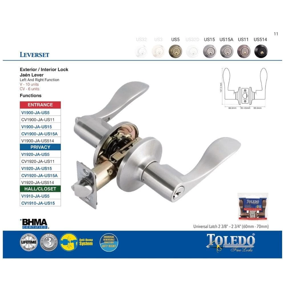 TOLEDO Antique Nickel Privacy Bed/Bath Door Lever Handle Set - Image 3